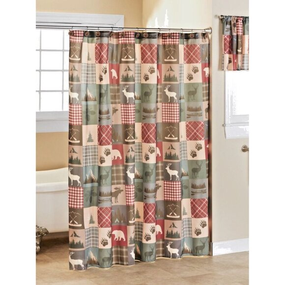 Wildlife Lodge Patchwork Shower Curtain Deer Bear Moose Plaid Brown Polyester - Picture 1 of 4